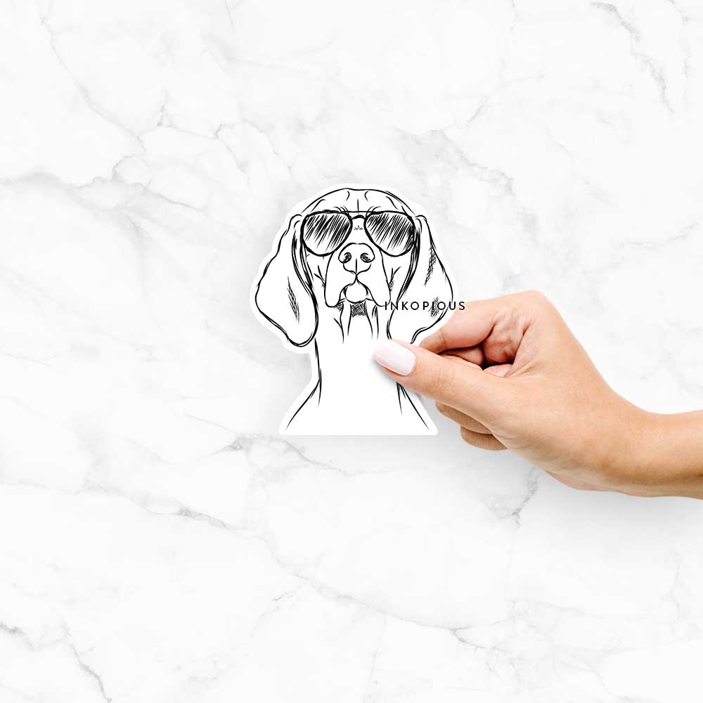 Hand-drawn sketch of Sawyer the Vizsla wearing aviator sunglasses on a decal sticker