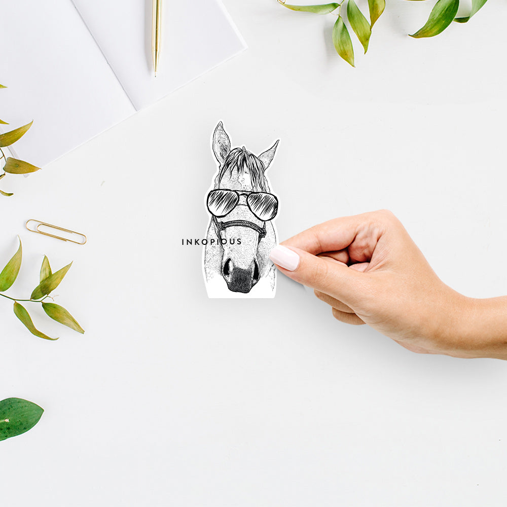 Hand-drawn sketch of SeaBee the Horse wearing aviator sunglasses on a decal sticker