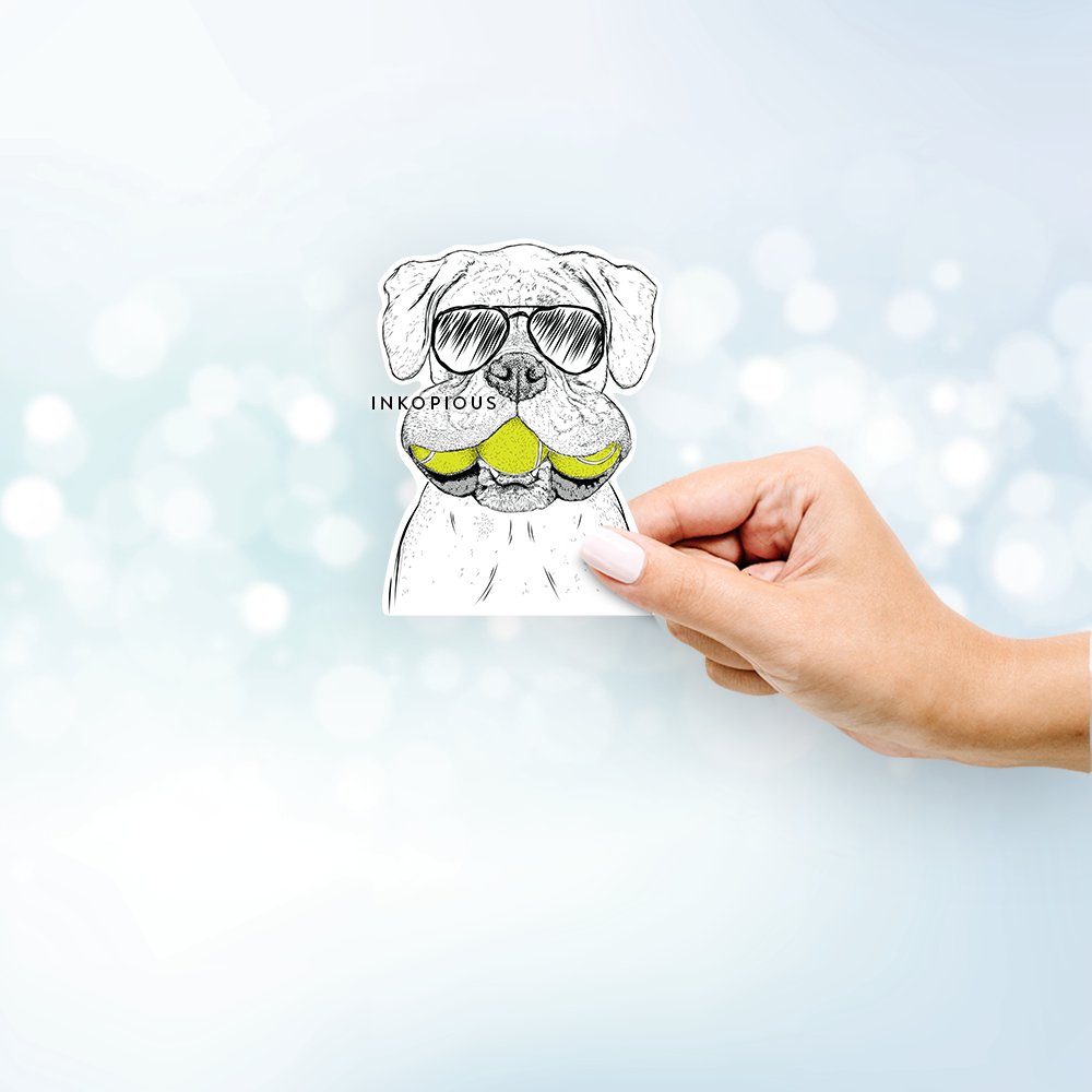 Hand-drawn sketch of Seamus the Boxer wearing aviator sunglasses on a decal sticker