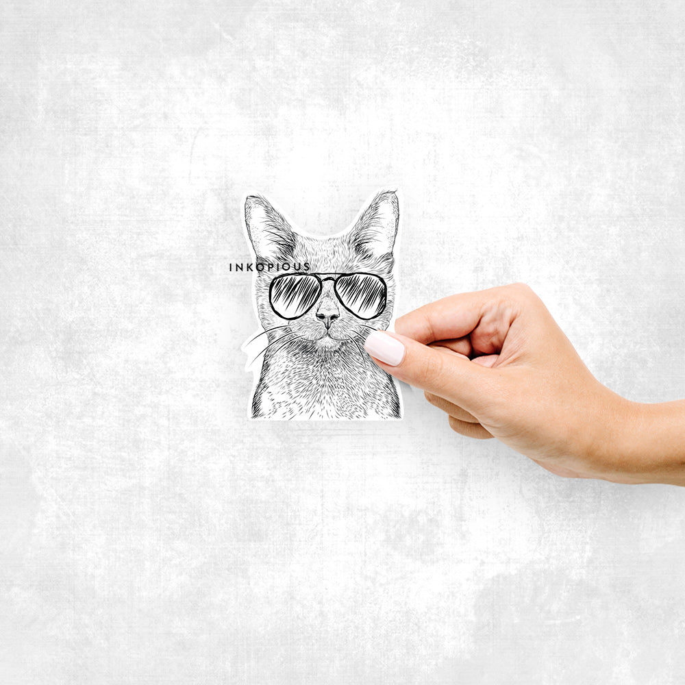 Hand-drawn sketch of Shadow the Black Cat wearing aviator sunglasses on a decal sticker