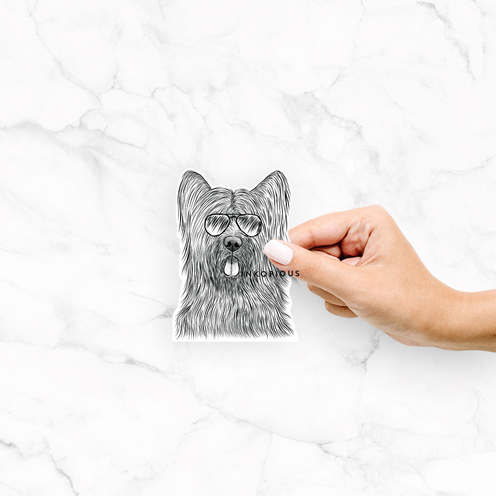 Hand-drawn sketch of Shay the Briard wearing aviator sunglasses on a decal sticker