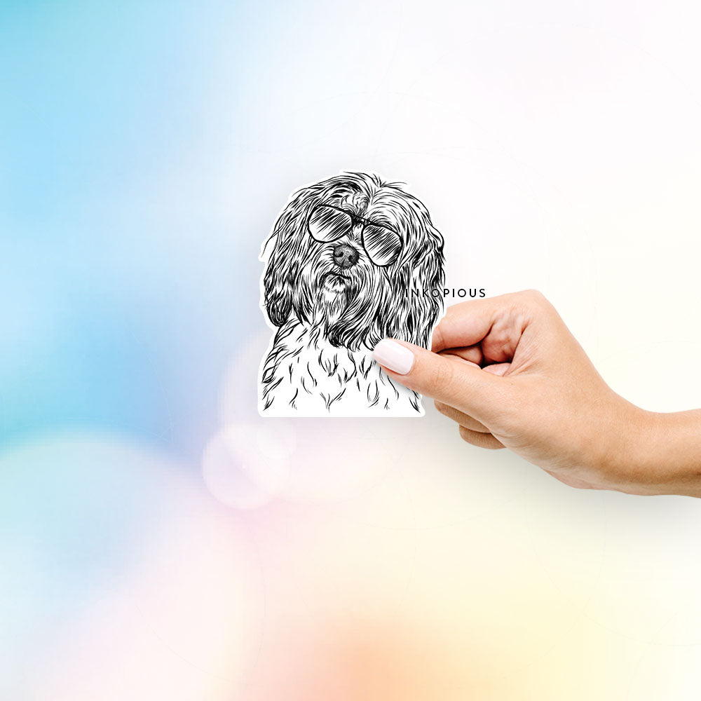 Hand-drawn sketch of Shenpa the Tibetan Terrier wearing aviator sunglasses on a decal sticker