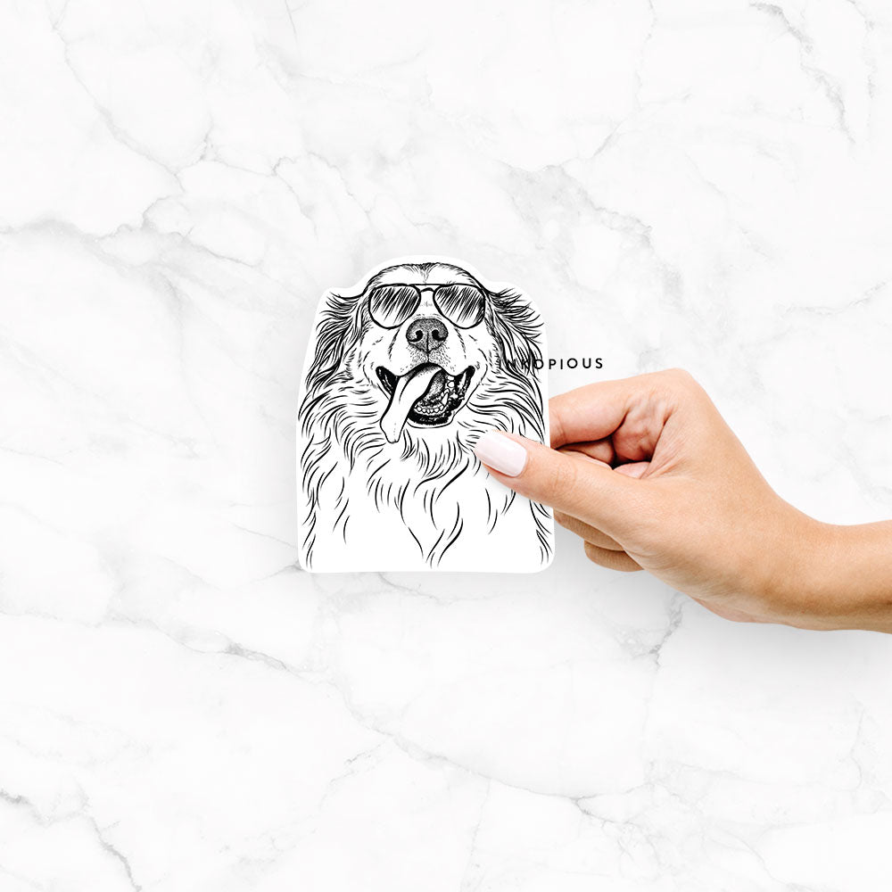Hand-drawn sketch of Shooter the Golden Retriever wearing aviator sunglasses on a Shooter Golden decal sticker