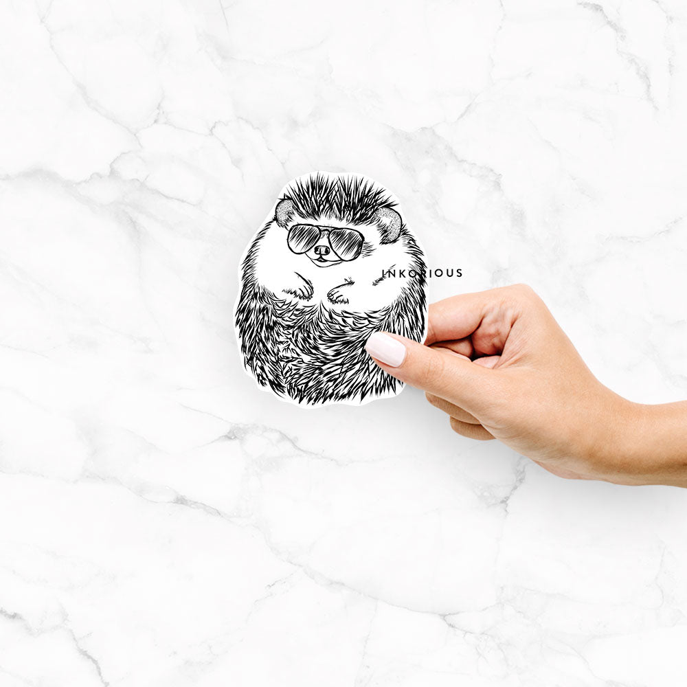 Hand-drawn sketch of Sid the Hedgehog wearing aviator sunglasses on a Sid Hedgehog decal sticker