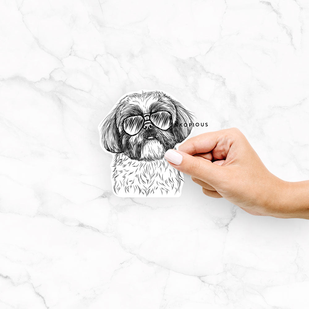 Hand-drawn sketch of Simon the Shih Tzu wearing aviator sunglasses on a Simon Shih Tzu decal sticker