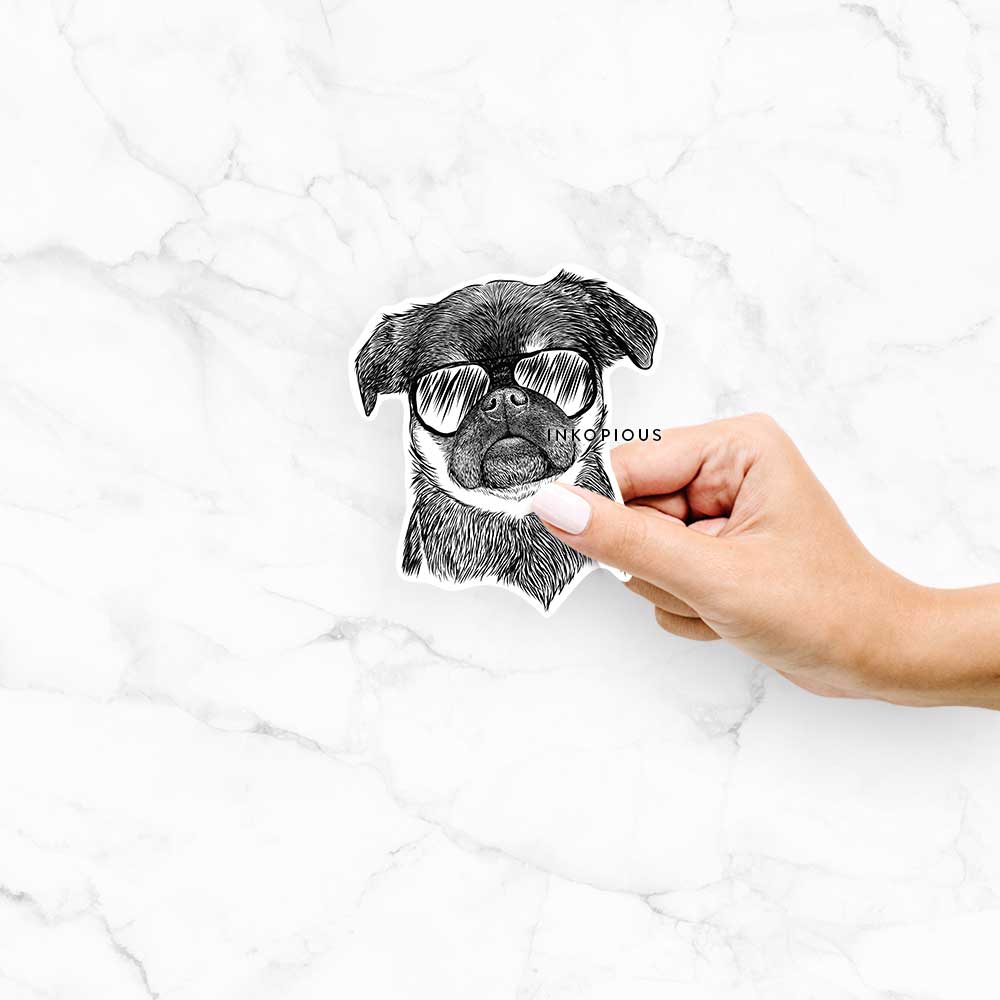 Hand-drawn sketch of Simone the Brussels Griffon wearing aviator sunglasses on a Simone Griff decal sticker