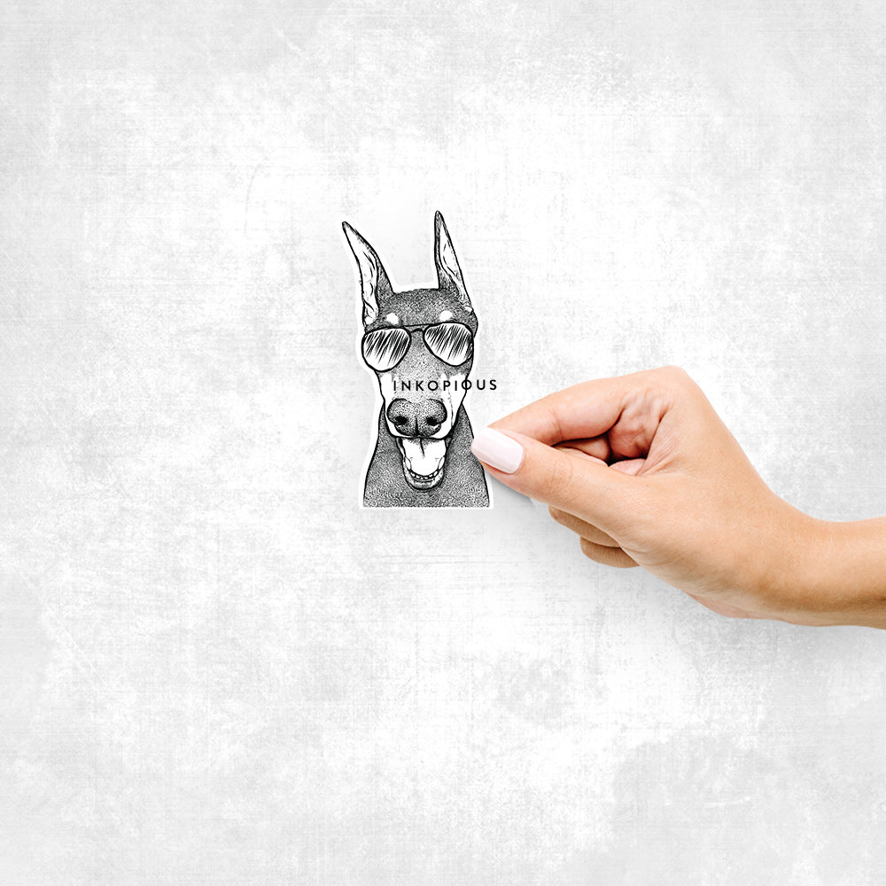 Hand-drawn sketch of Sir Duke the Doberman Pinscher wearing aviator sunglasses on a decal sticker
