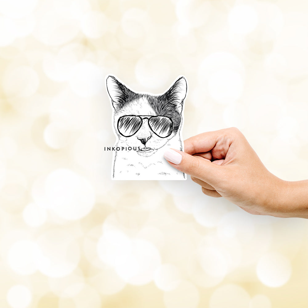 Hand-drawn sketch of Smeagol the Cat wearing aviator sunglasses on a decal sticker