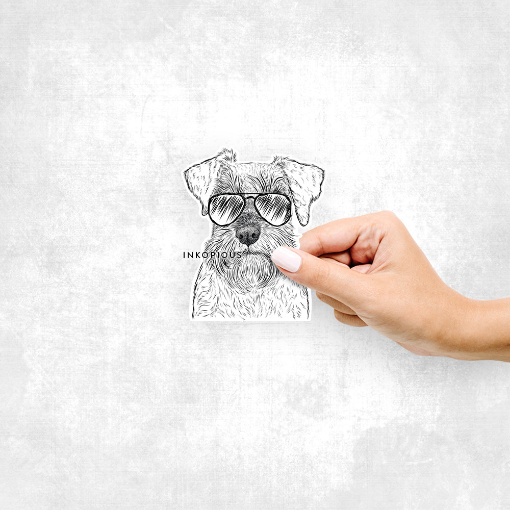 Hand-drawn sketch of Smokey the Miniature Schnauzer wearing aviator sunglasses on a decal sticker