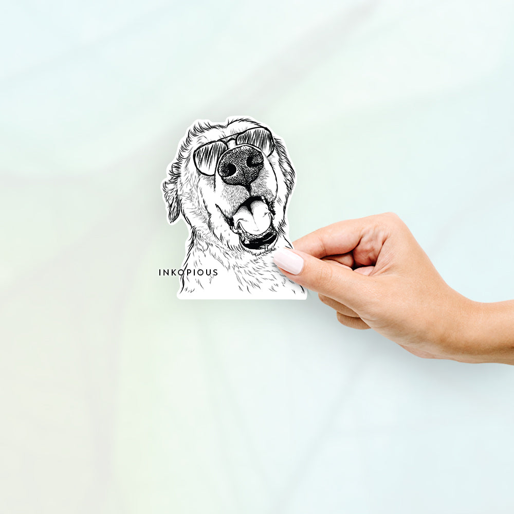 Hand-drawn sketch of Happy Smokey Jam the Middle Eastern Village Dog wearing aviator sunglasses on a Smokey Grin decal sticker