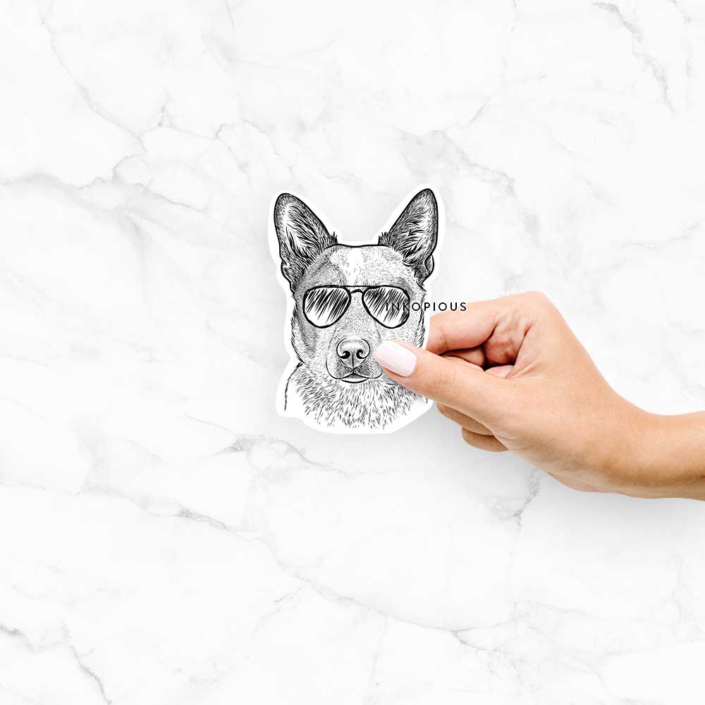 Hand-drawn sketch of Snap the Australian Cattle Dog wearing aviator sunglasses on a Snap ACD decal sticker
