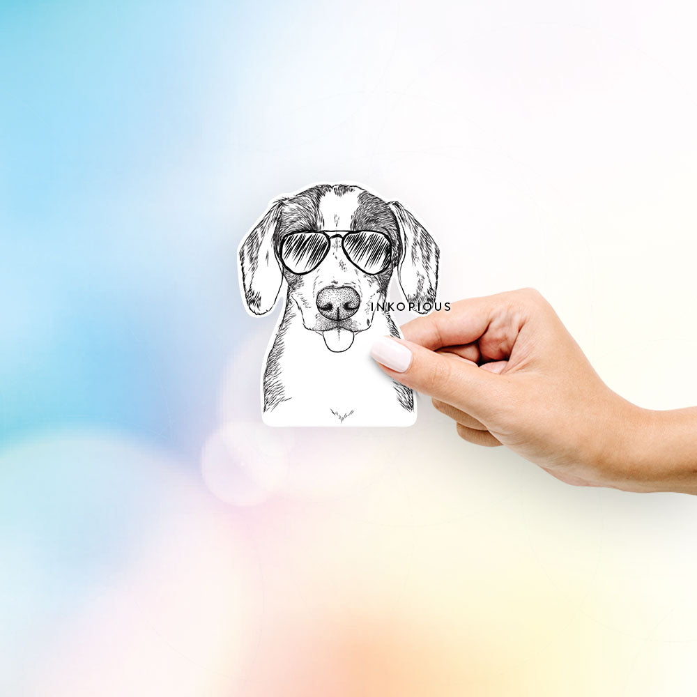 Hand-drawn sketch of SophiePea the Mixed Breed wearing aviator sunglasses on a decal sticker