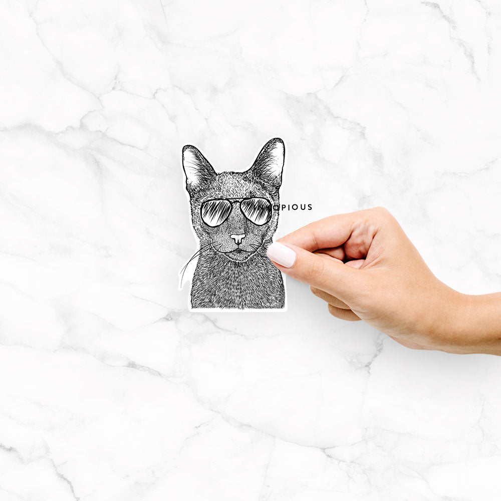 Hand-drawn sketch of Stanley the Russian Blue Cat wearing aviator sunglasses on a Stanley Russian Blue decal sticker