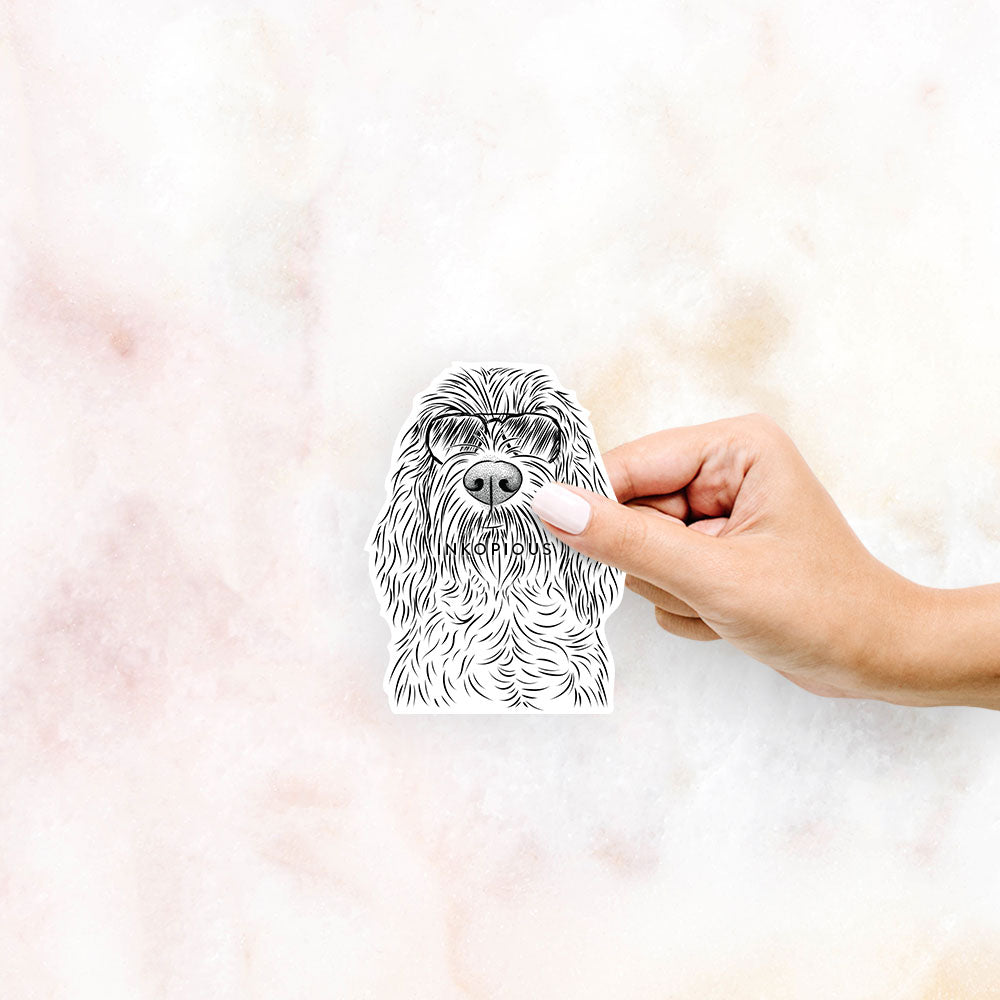 Hand-drawn sketch of Stefano the Spinone Italiano wearing aviator sunglasses on a decal sticker