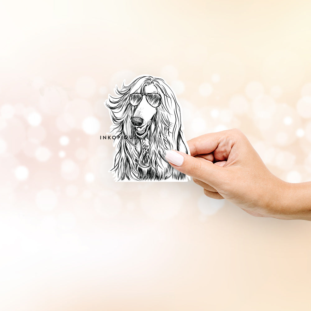 Hand-drawn sketch of Sterling the Afghan Hound wearing aviator sunglasses on a decal sticker