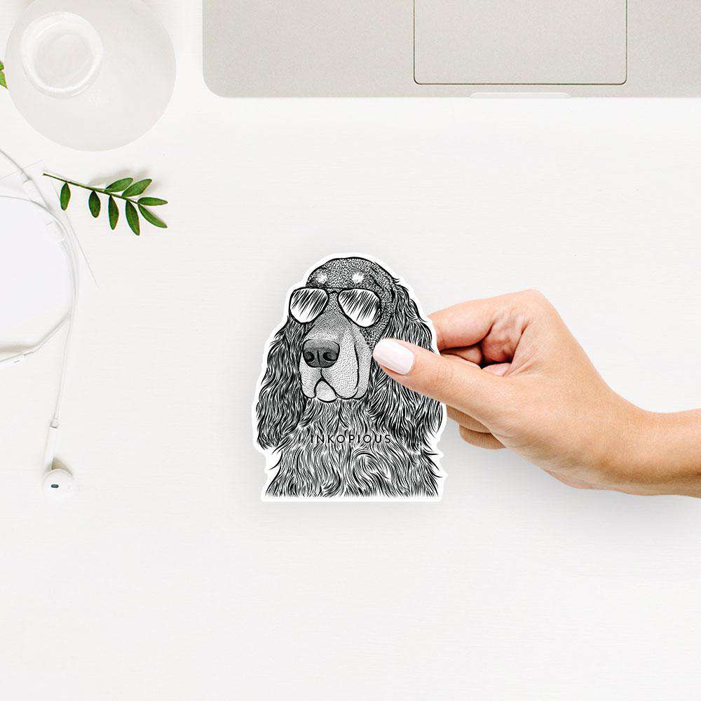 Hand-drawn sketch of Stormy the Gordon Setter wearing aviator sunglasses on a GSett decal sticker