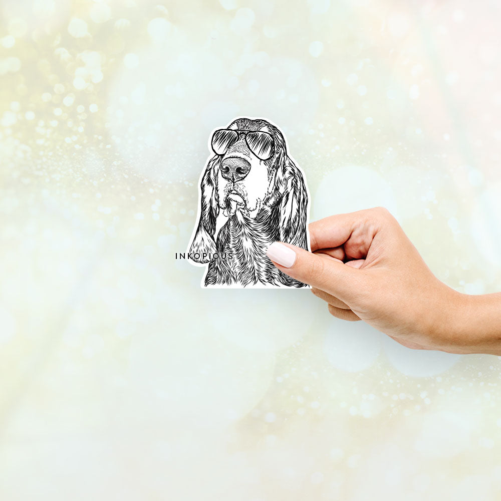 Hand-drawn sketch of Stu the Black and Tan Coonhound wearing aviator sunglasses on a Sticker decal sticker
