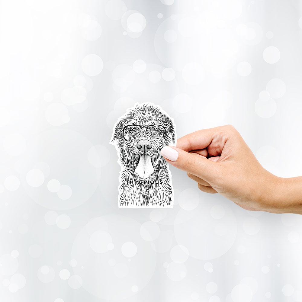 Hand-drawn sketch of Sullivan the Irish Wolfhound wearing aviator sunglasses on a decal sticker