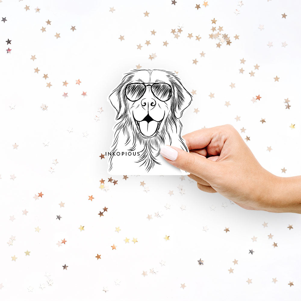 Hand-drawn sketch of Sunny the Golden Retriever wearing aviator sunglasses on a Sticker decal sticker