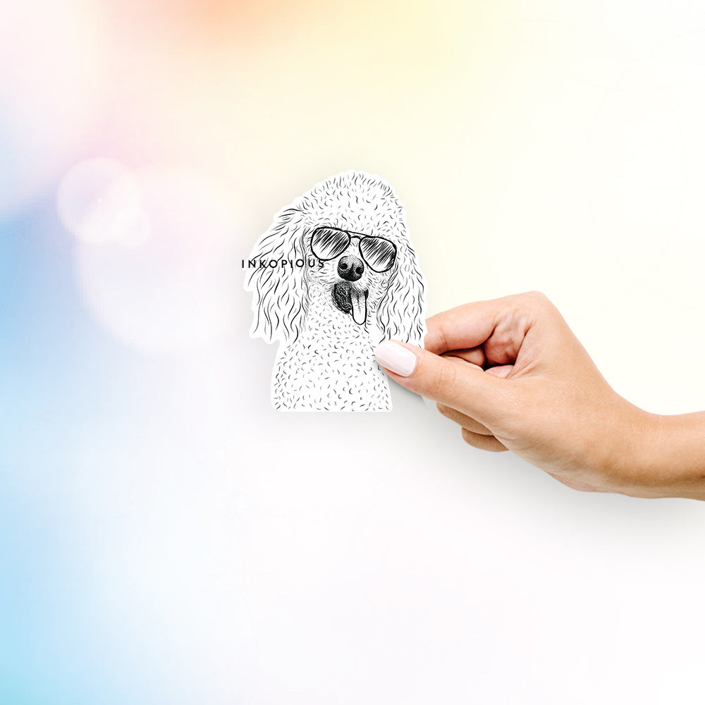 Hand-drawn sketch of Super Joey the Toy Poodle wearing aviator sunglasses on a decal sticker