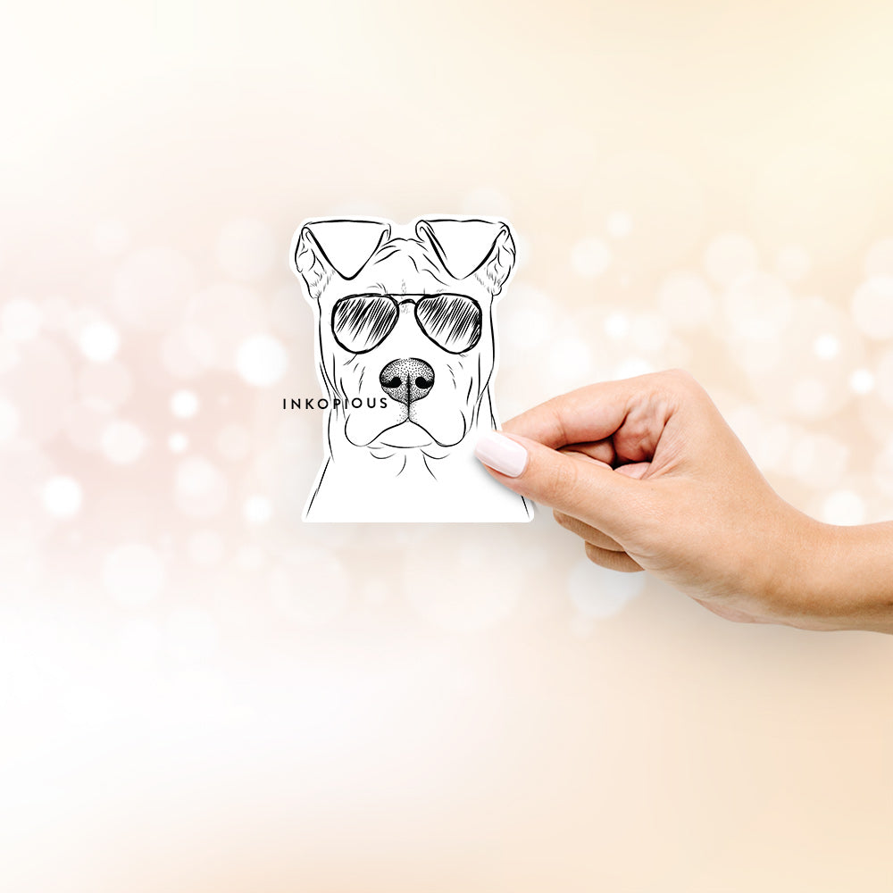Hand-drawn sketch of Sweet Finn the Mixed Breed wearing aviator sunglasses on a decal sticker