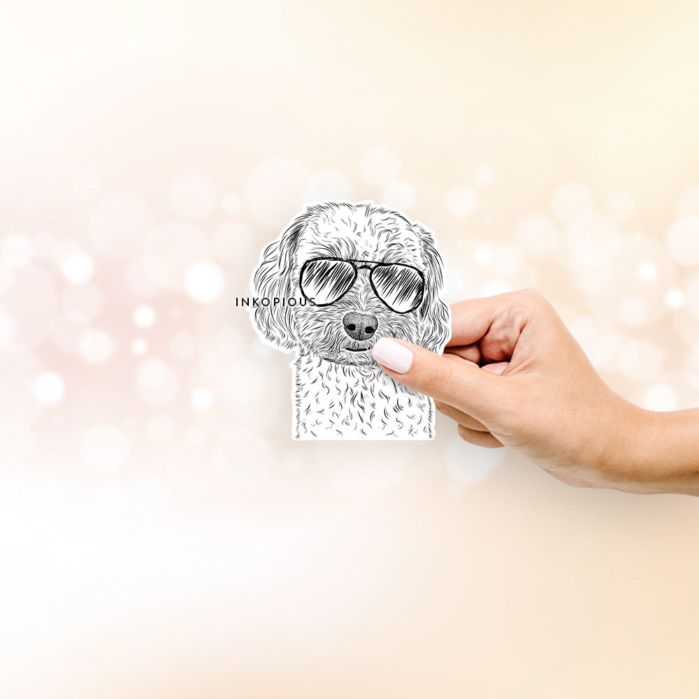 Hand-drawn sketch of Sweet George the Mixed Breed wearing aviator sunglasses on a decal sticker