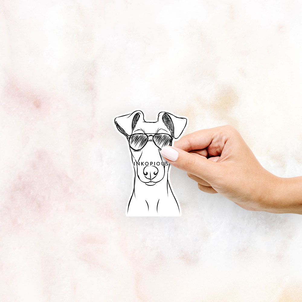 Hand-drawn sketch of Tanner the Fox Terrier wearing aviator sunglasses on a decal sticker