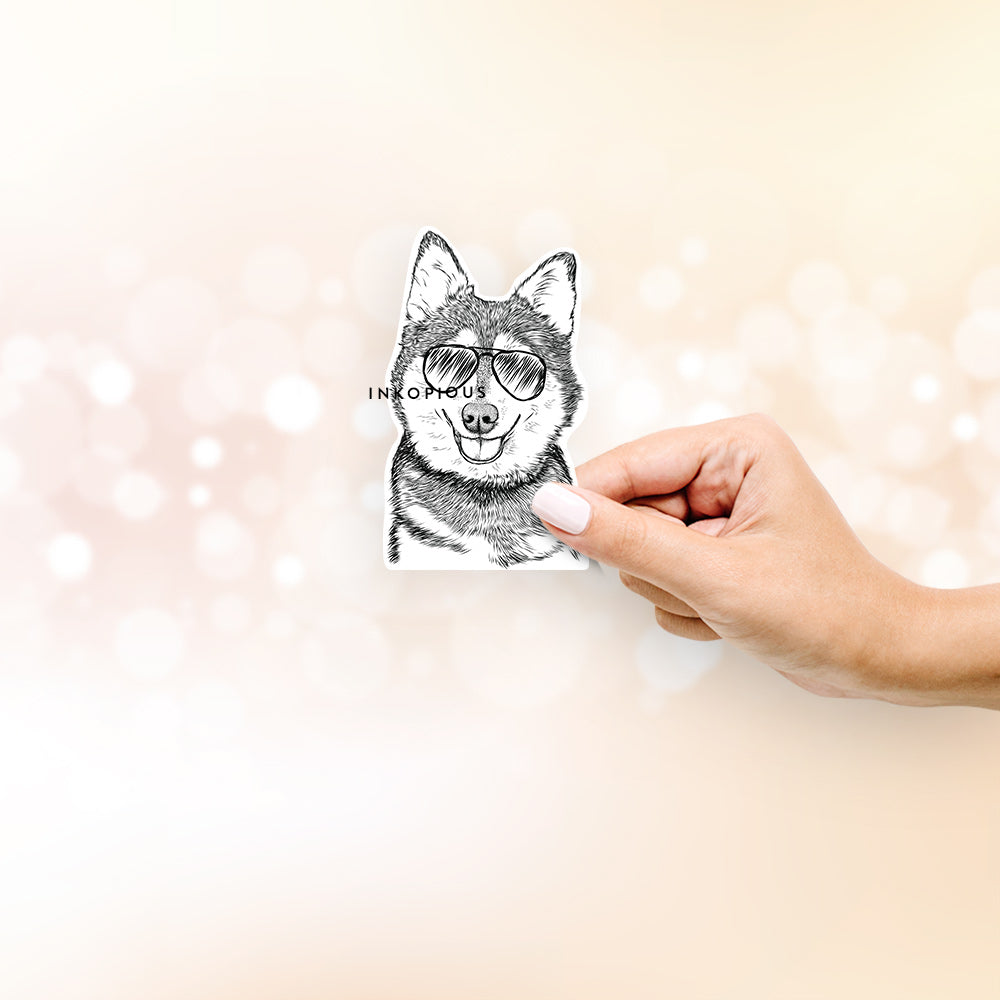Hand-drawn sketch of Tellie the Alaskan Klee Kai wearing aviator sunglasses on a decal sticker