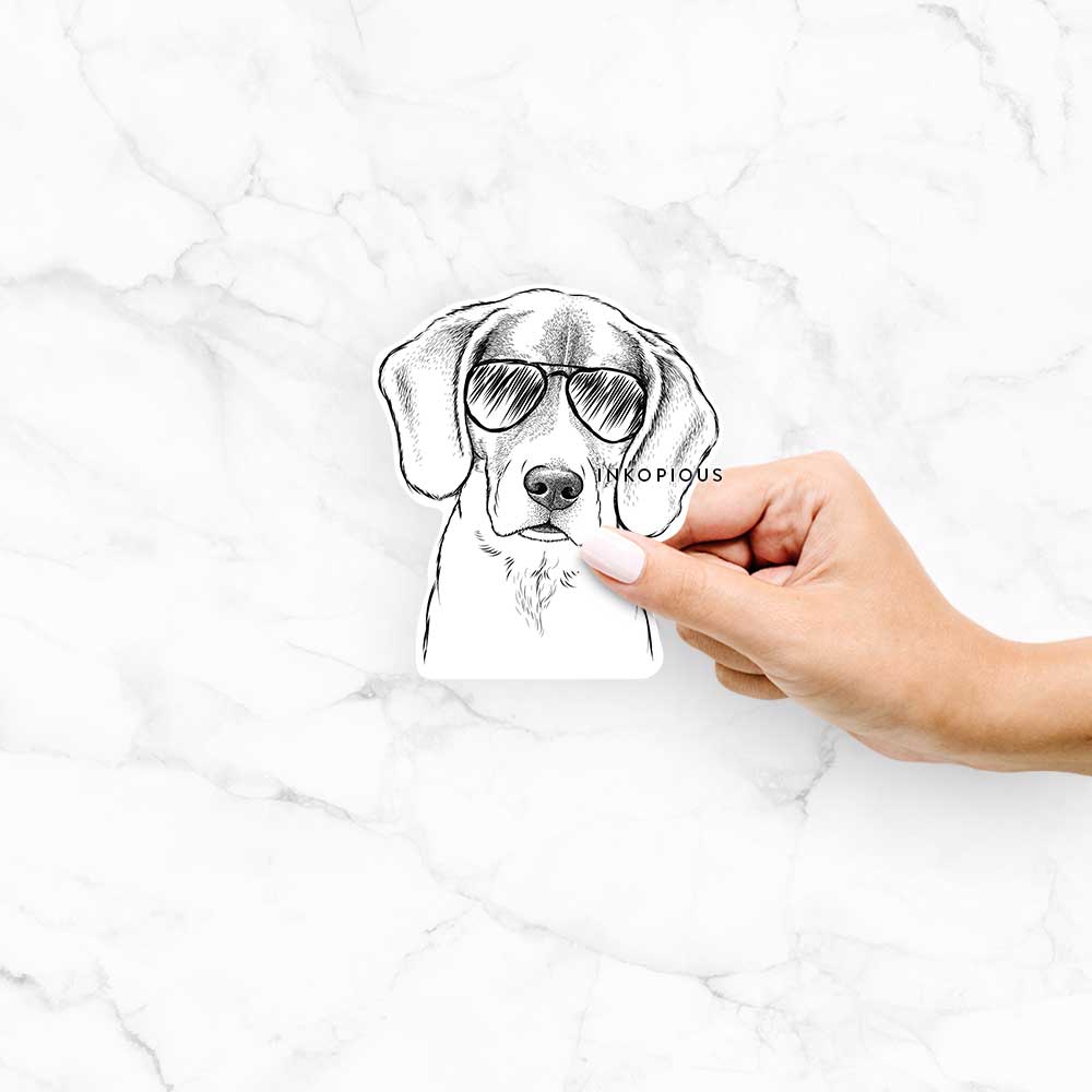 Hand-drawn sketch of Thea the Beagle wearing aviator sunglasses on a Thea Beagle decal sticker
