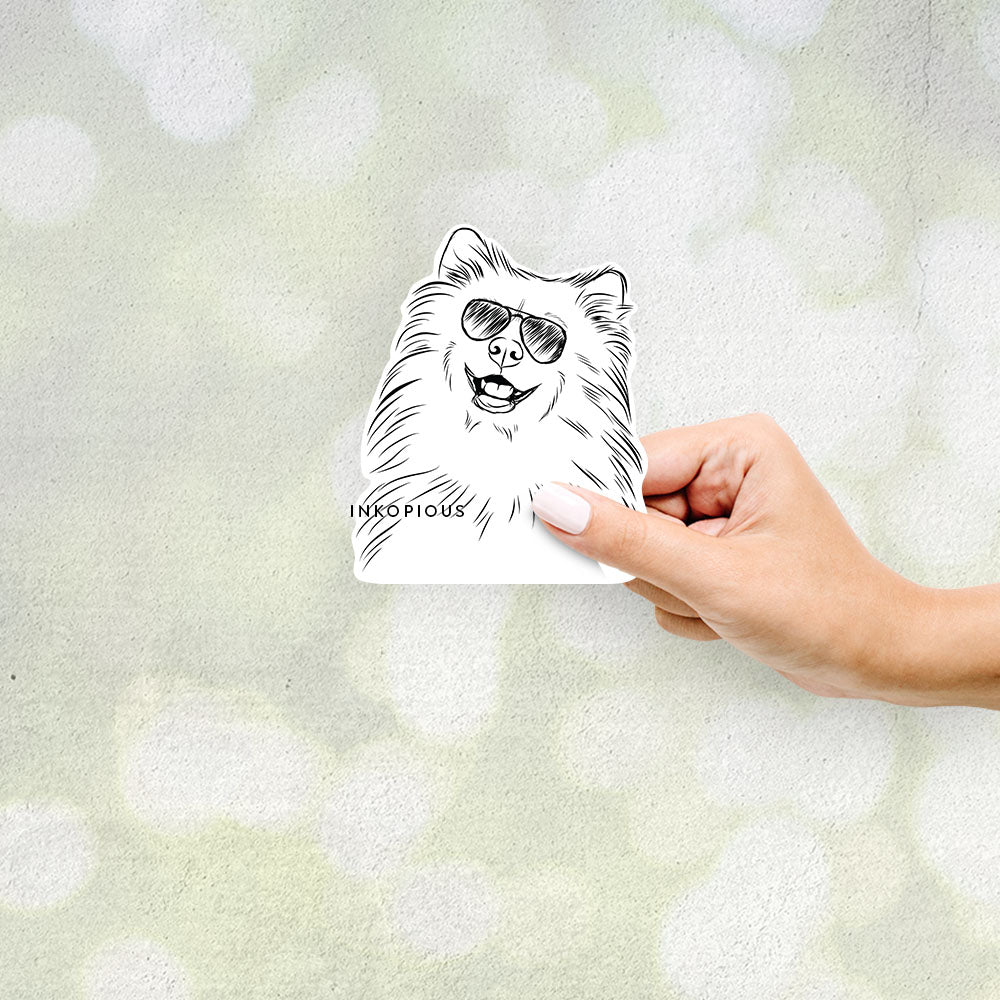 Hand-drawn sketch of Tillie the Samoyed wearing aviator sunglasses on a Sticker decal sticker