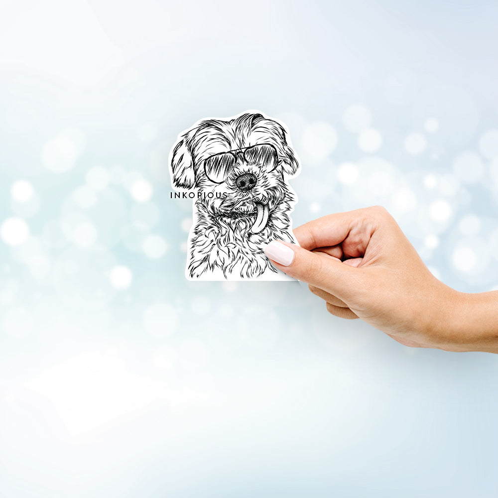 Hand-drawn sketch of Tiny Titan the Shih Tzu wearing aviator sunglasses on a decal sticker
