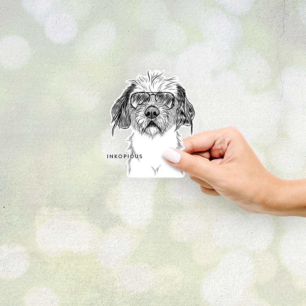 Hand-drawn sketch of Tiny Tucker the Mixed Breed wearing aviator sunglasses on a Sticker decal sticker