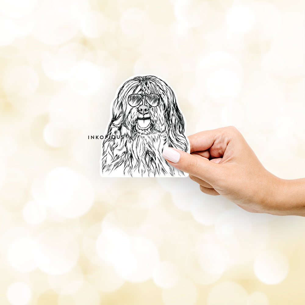 Hand-drawn sketch of Trinket the Tibetan Terrier wearing aviator sunglasses on a decal sticker