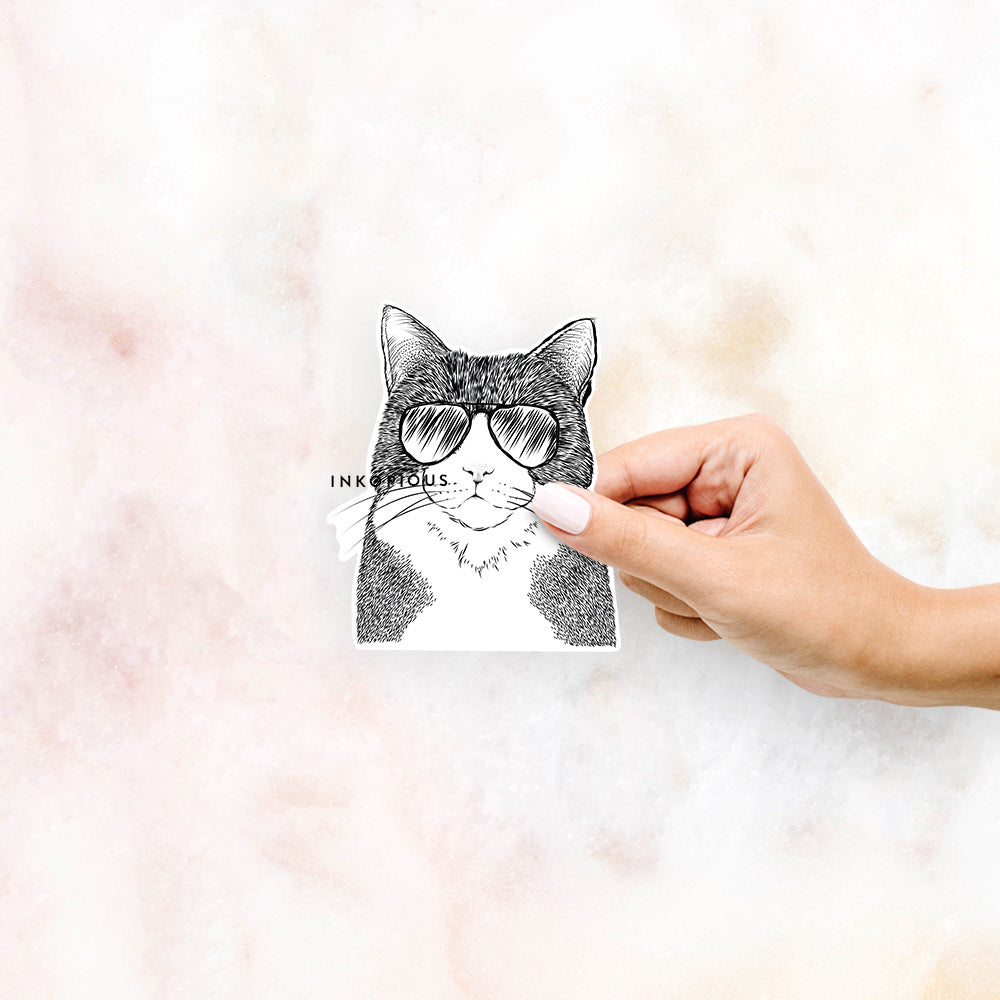 Hand-drawn sketch of Tux the Tuxedo Cat wearing aviator sunglasses on a decal sticker