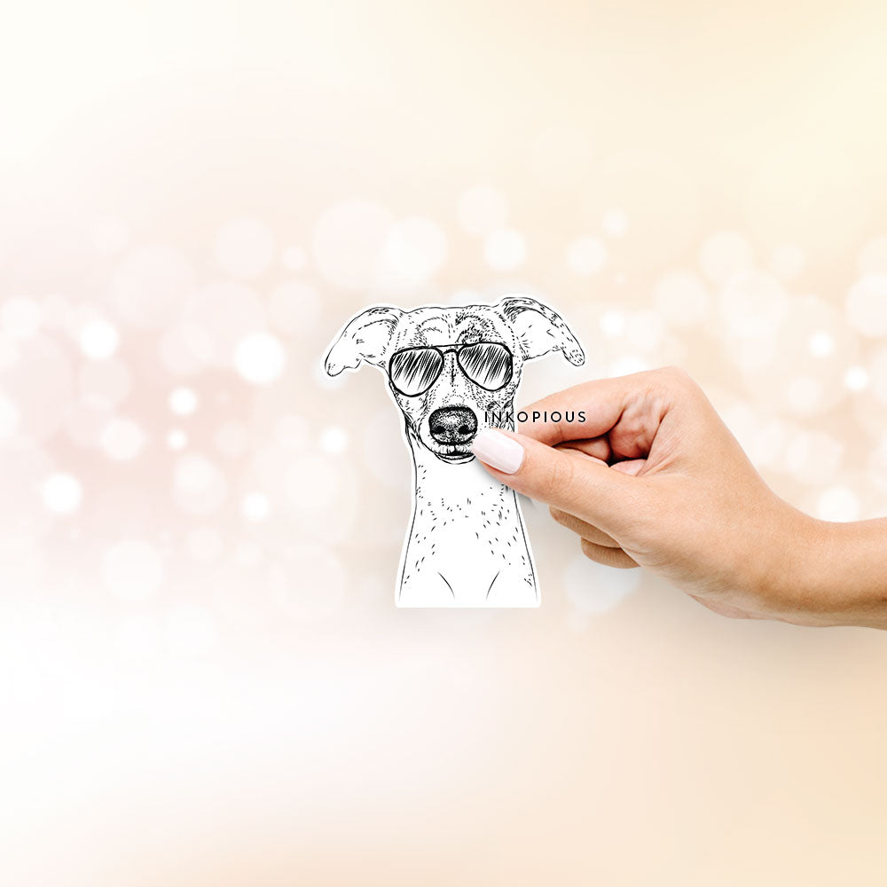 Hand-drawn sketch of Twiggy the Whippet wearing aviator sunglasses on a decal sticker