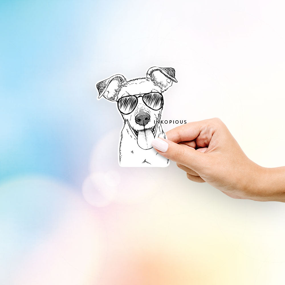 Hand-drawn sketch of Tyler the Mixed Breed wearing aviator sunglasses on a decal sticker