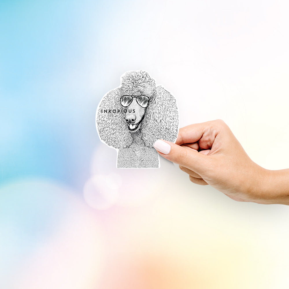 Hand-drawn sketch of Uncle Tucker the Standard Poodle wearing aviator sunglasses on a decal sticker