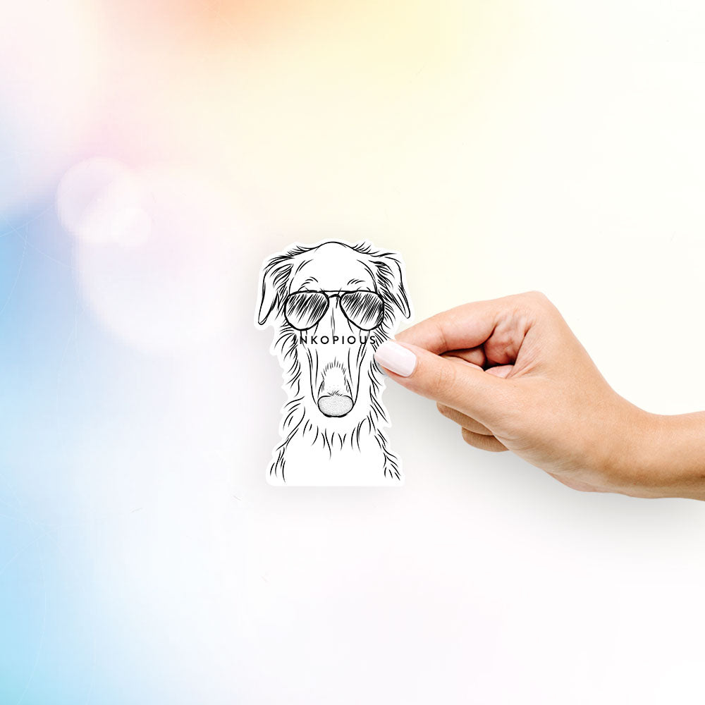 Hand-drawn sketch of Vaughn the Borzoi wearing aviator sunglasses on a decal sticker