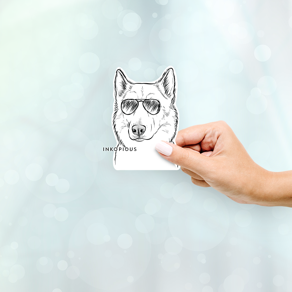 Hand-drawn sketch of Vox the Husky wearing aviator sunglasses on a Sticker decal sticker