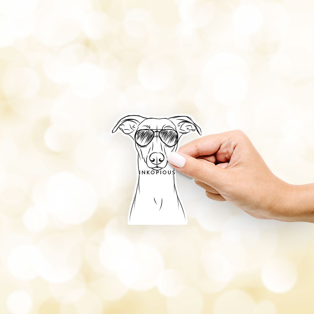 Hand-drawn sketch of Wallace the Whippet wearing aviator sunglasses on a decal sticker