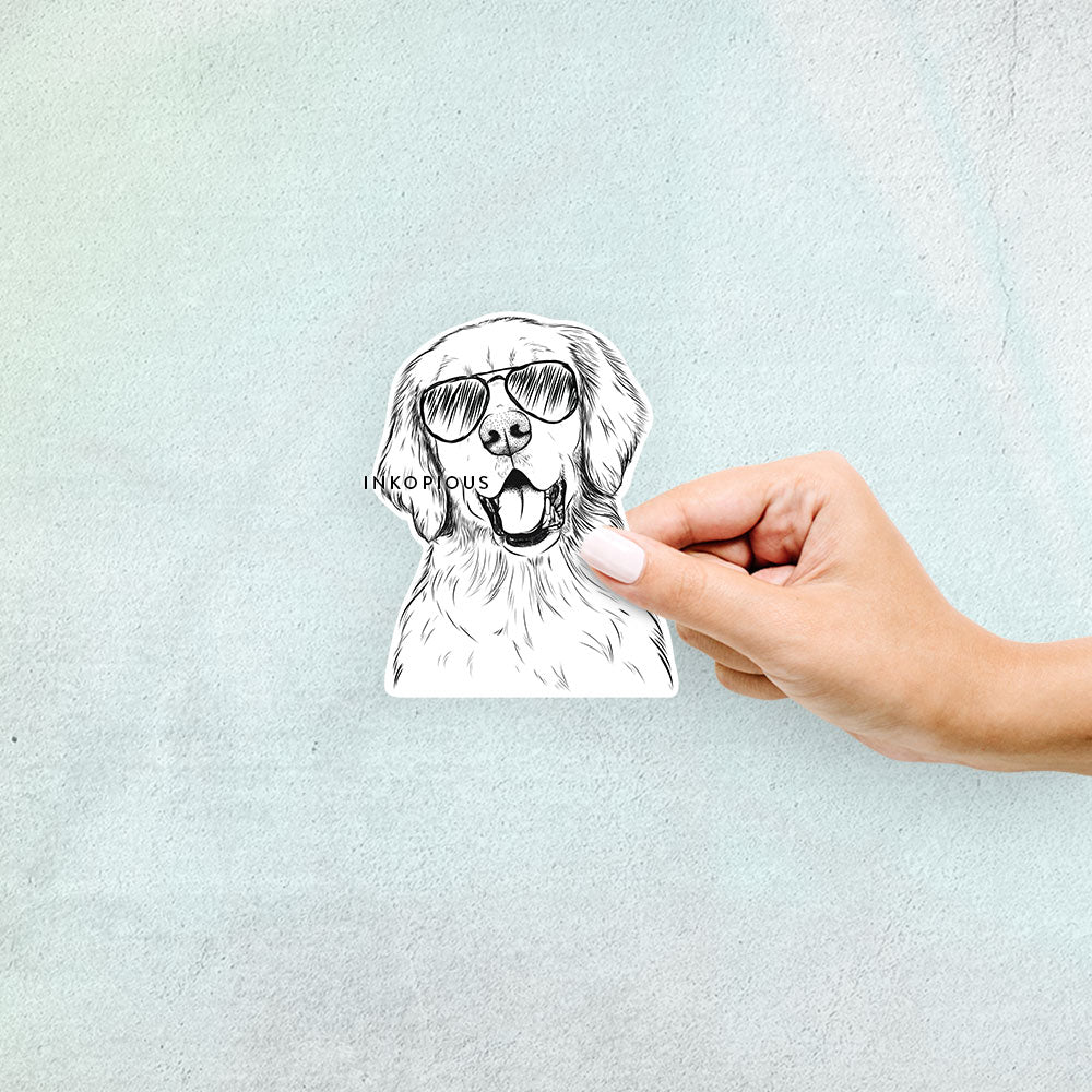 Hand-drawn sketch of Wallace the Golden Retriever wearing aviator sunglasses on a Wallace Gldn decal sticker
