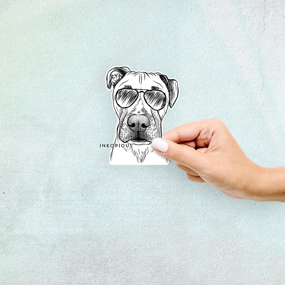 Hand-drawn sketch of Waylon the Boxane wearing aviator sunglasses on a Sticker decal sticker