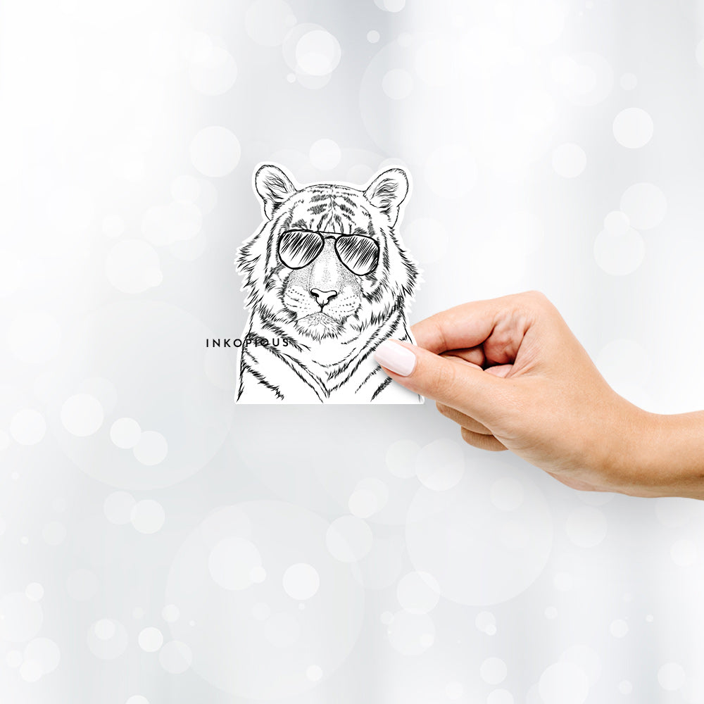 Hand-drawn sketch of Wayne the Bengal Tiger wearing aviator sunglasses on a decal sticker