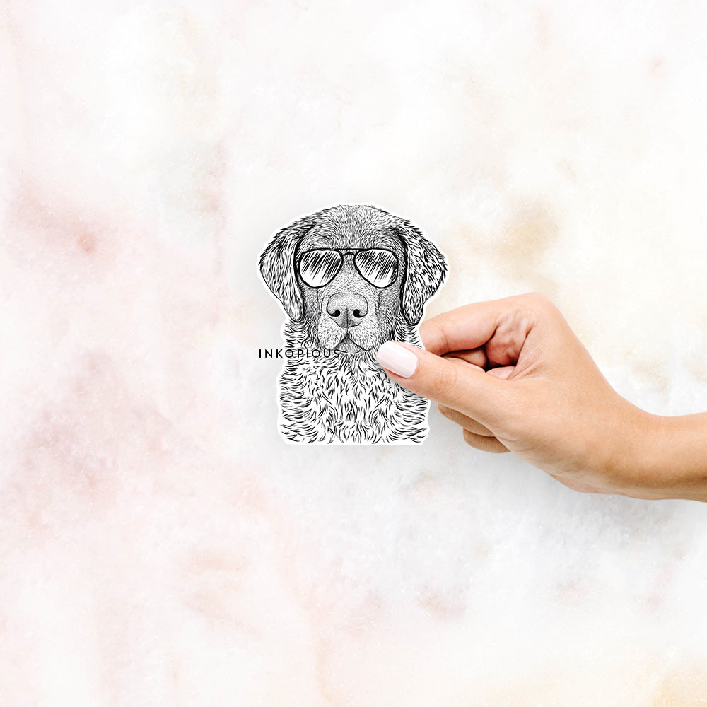 Hand-drawn sketch of Whiskey the Chocolate Lab wearing aviator sunglasses on a decal sticker
