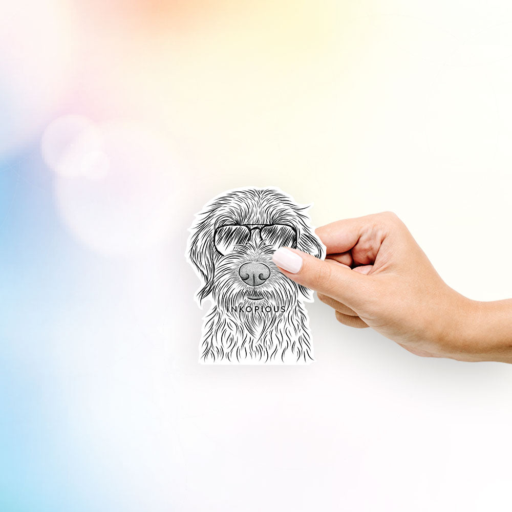 Hand-drawn sketch of Wilkins the Wirehaired Pointed Griffon wearing aviator sunglasses on a decal sticker