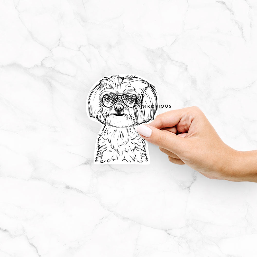 Hand-drawn sketch of Willow the Maltese wearing aviator sunglasses on a Willow Maltese decal sticker