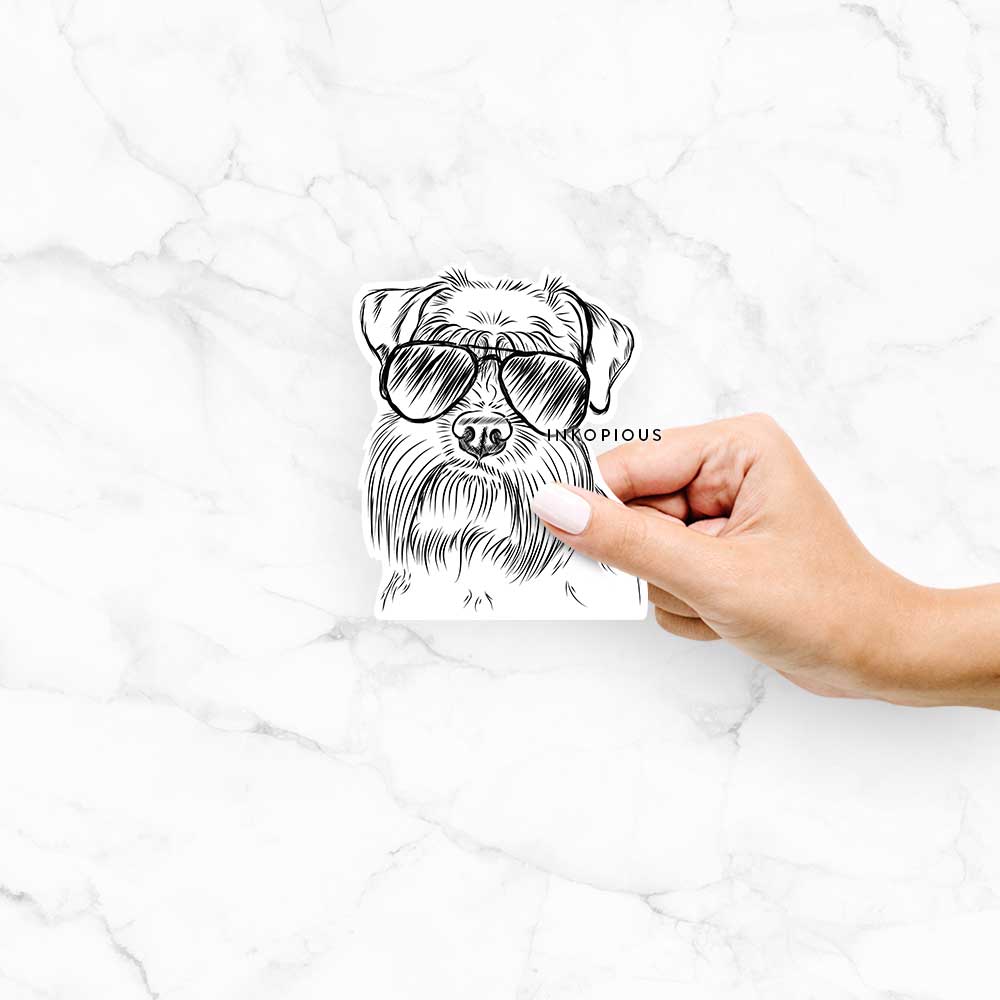 Hand-drawn sketch of Wrigley the Schnauzer wearing aviator sunglasses on a decal sticker