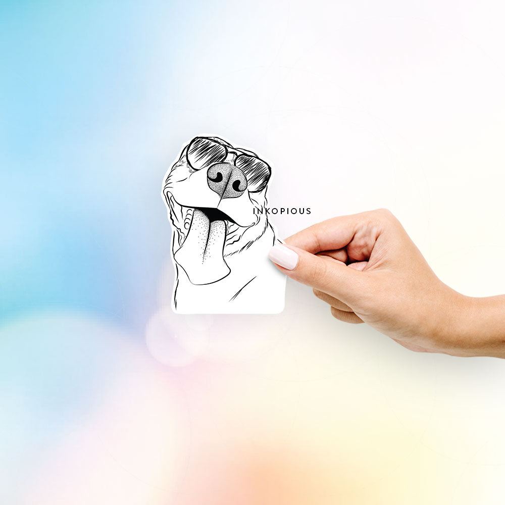 Hand-drawn sketch of Xena the American Staffordshire Terrier wearing aviator sunglasses on a decal sticker