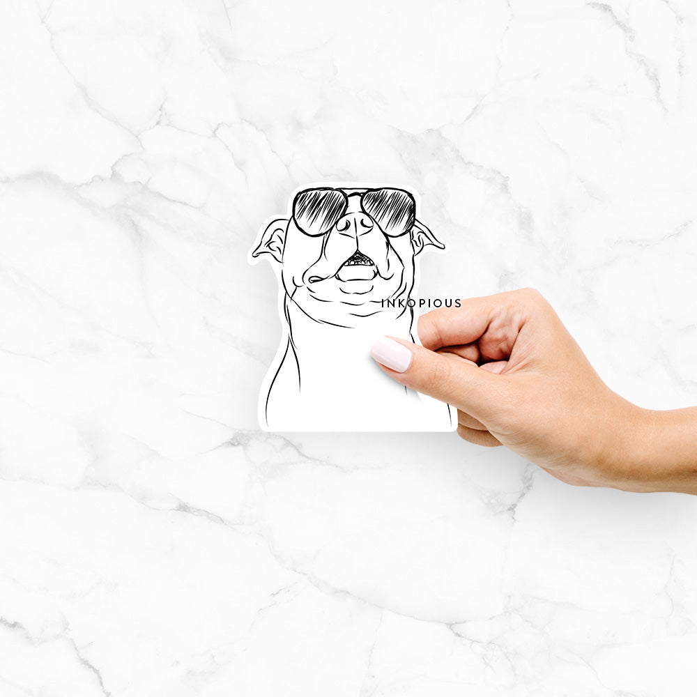 Hand-drawn sketch of Zada the Pitbull wearing aviator sunglasses on a decal sticker