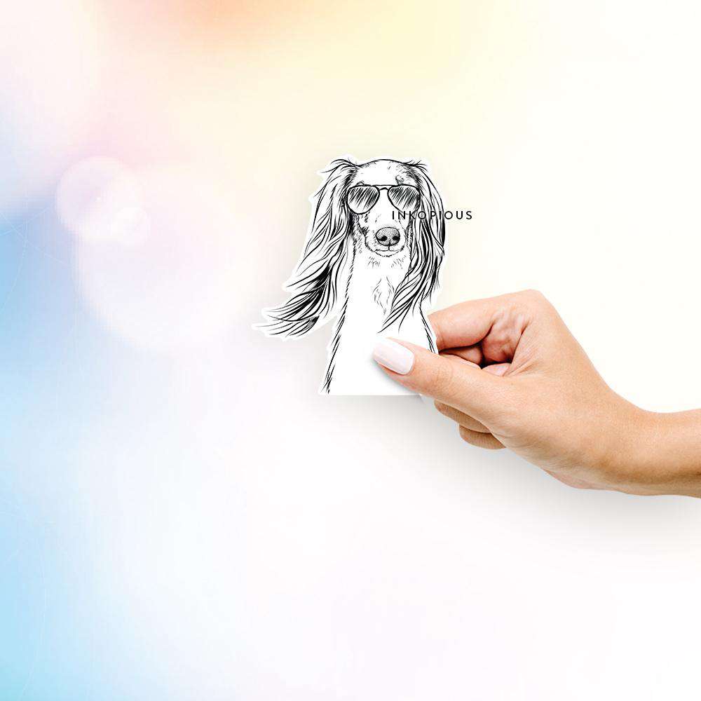 Hand-drawn sketch of Zahra the Saluki wearing aviator sunglasses on a decal sticker